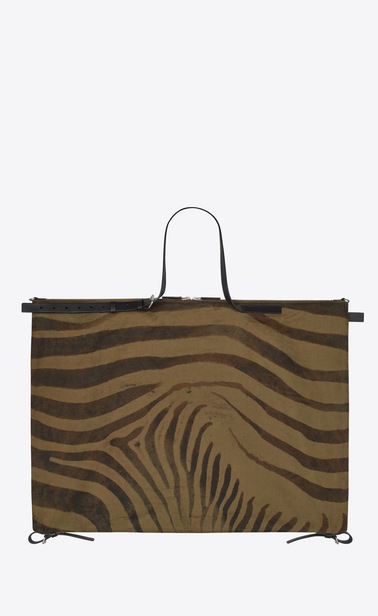 SAINT LAURENT Business Herren Schlichte ID Tasche aus khakifarbenem Gabardine mit Zebraprint und schwarzem Leder b_V4